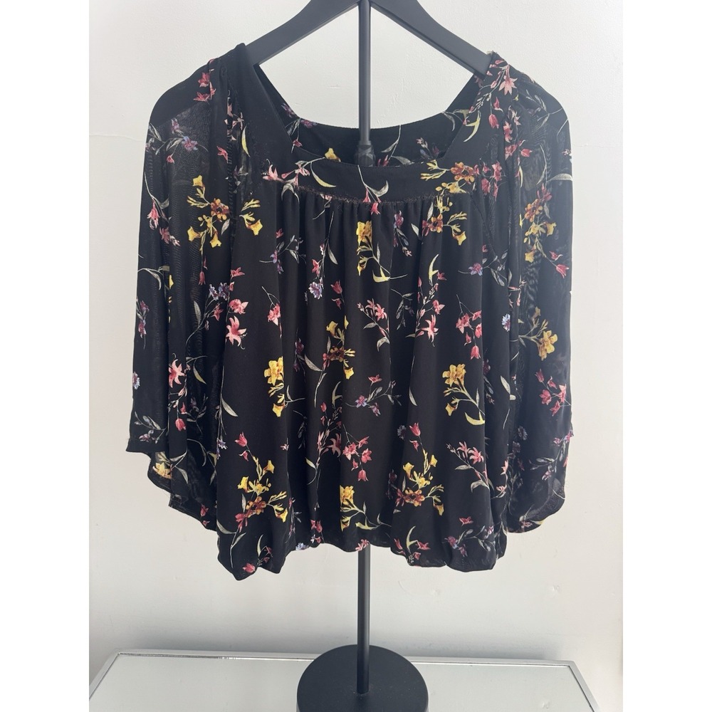 Ember Black Floral Sheer Blouse Womens Medium Flowy Long Sleeve Lined